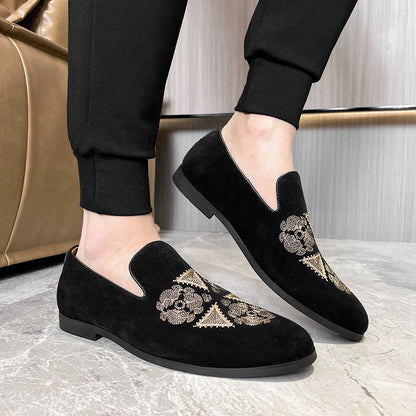 Suede Black Gold Embroidery Slip On Shoes