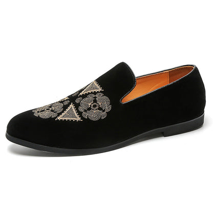 Suede Black Gold Embroidery Slip On Shoes