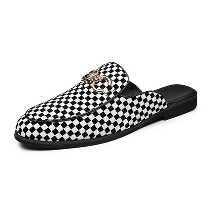 Casual Black White Check Print Men Slip On Shoe