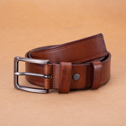 New solid color first layer cowhide alloy pin buckle men's casual simple business retro